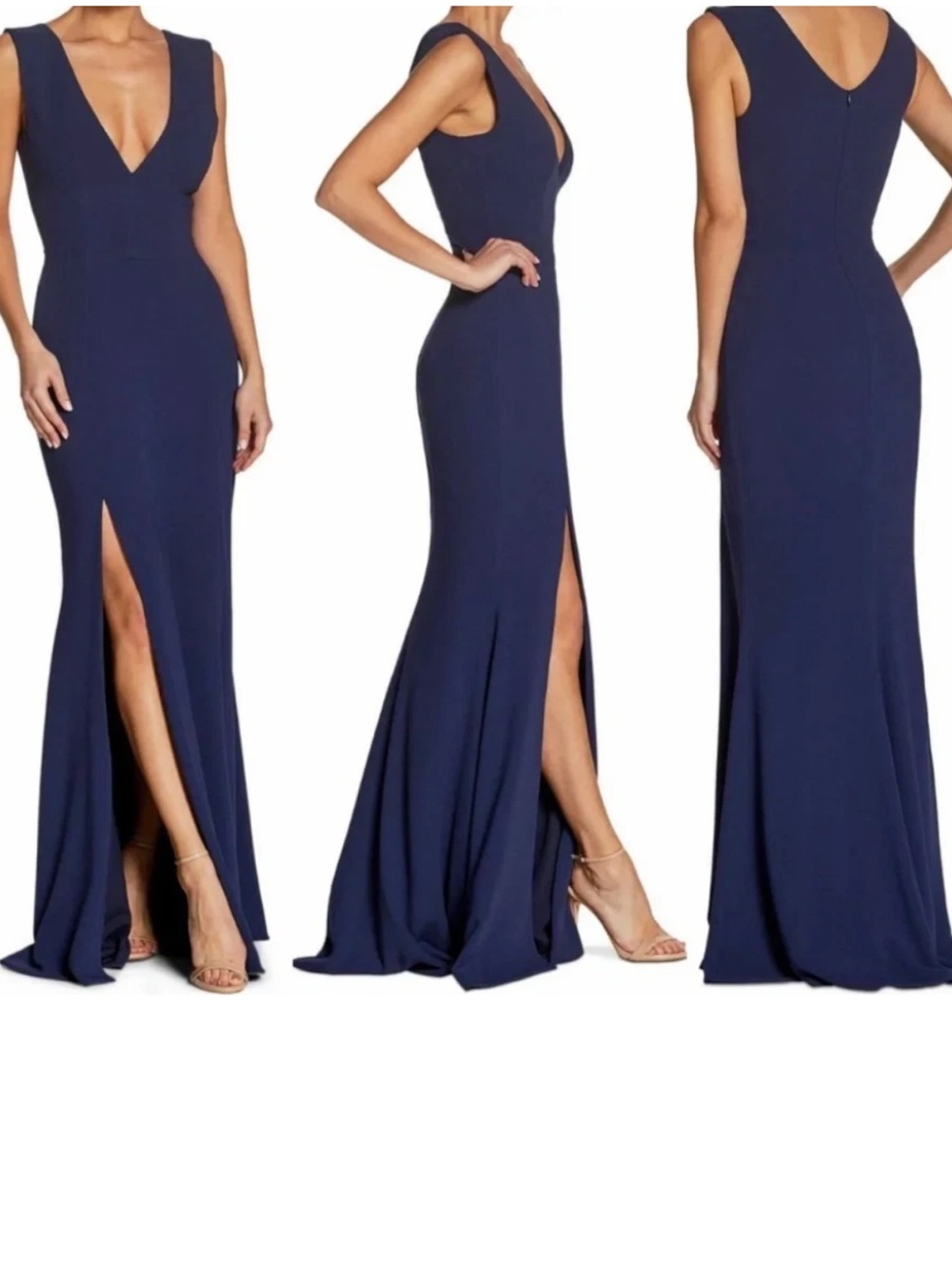 Dress the Population Sandra Plunge Crepe Trumpet Midnight Blue NWT Large